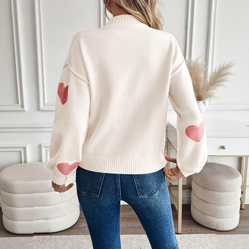 Eleanor | Women's Heart Intarsia Jumper Stand Collar Balloon Sleeves