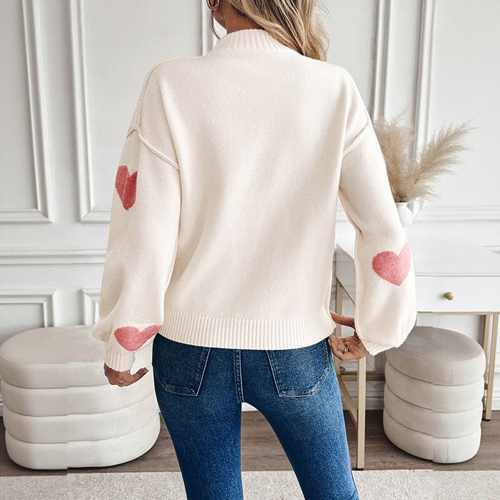 Eleanor | Women's Heart Intarsia Jumper Stand Collar Balloon Sleeves