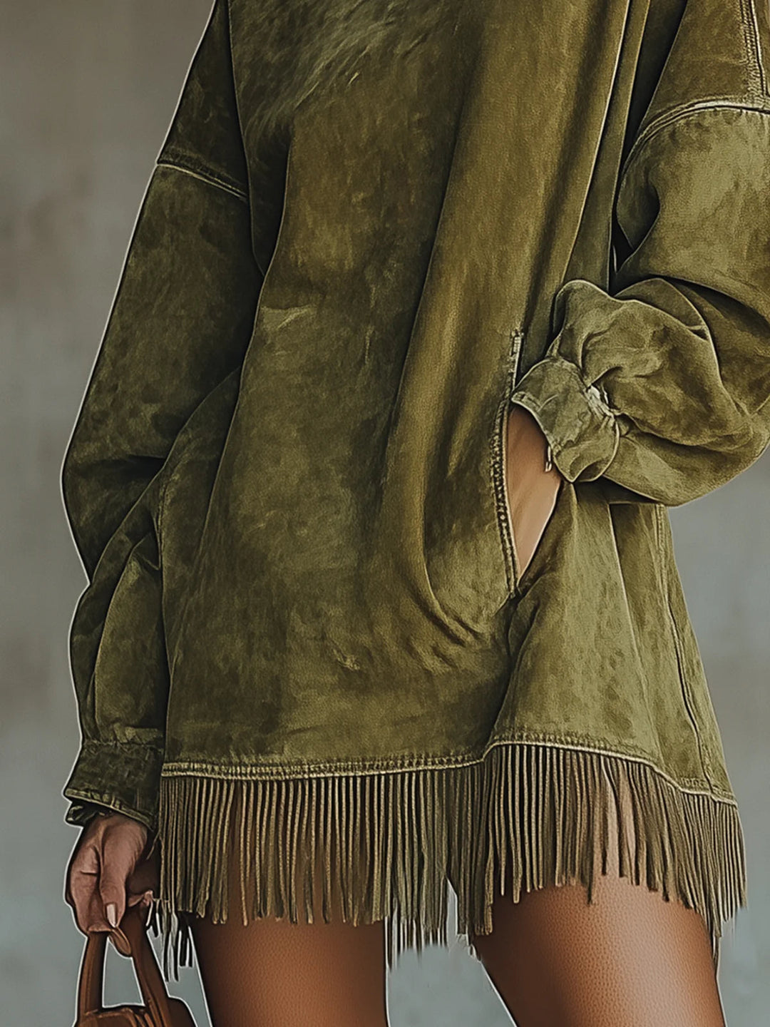 Sheri | Women's Faux Suede Fringe Roll Neck Mini Dress Relaxed Fit