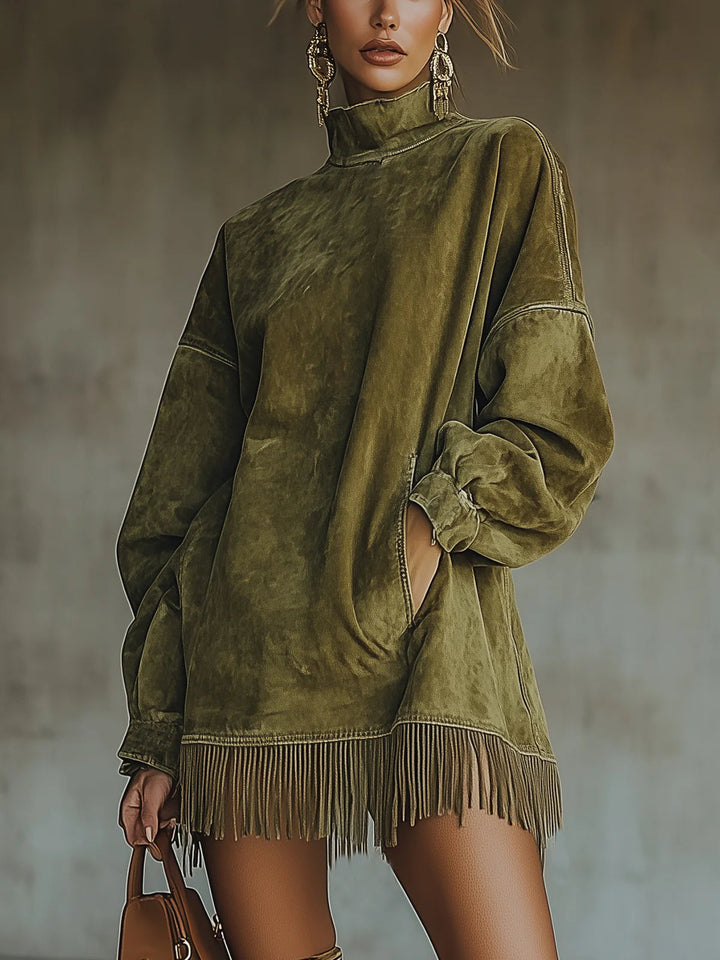 Sheri | Women's Faux Suede Fringe Roll Neck Mini Dress Relaxed Fit