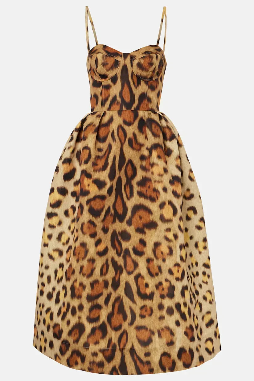 Tiana | Women's Leopard Print Corset Midi Dress Thin Straps Bodycon