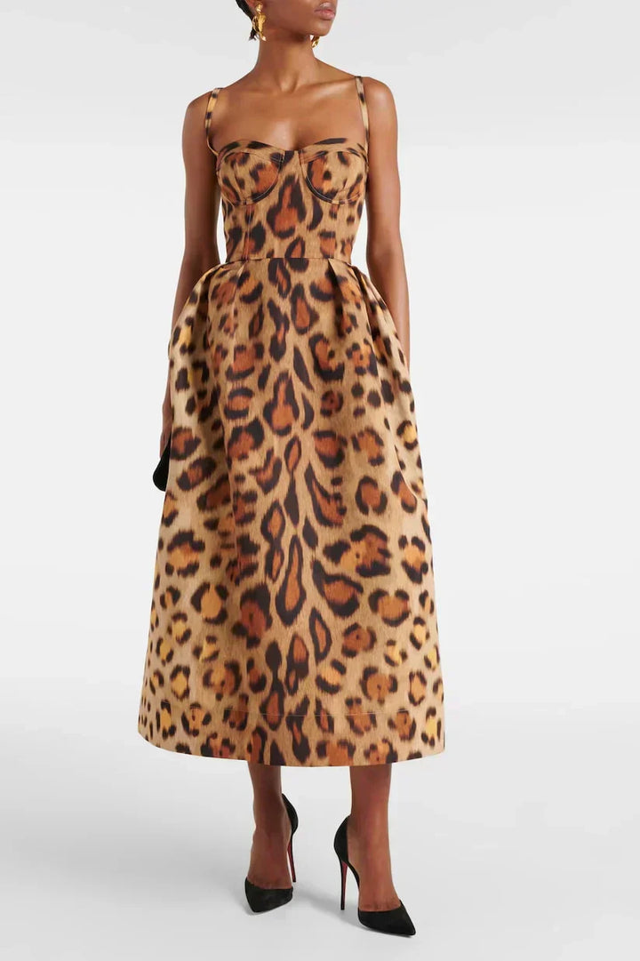 Tiana | Women's Leopard Print Corset Midi Dress Thin Straps Bodycon