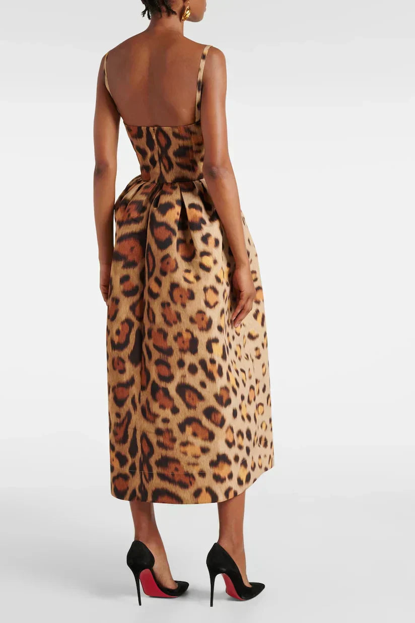 Tiana | Women's Leopard Print Corset Midi Dress Thin Straps Bodycon