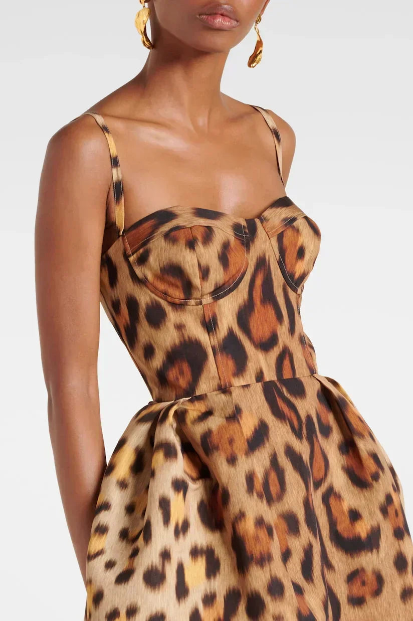 Tiana | Women's Leopard Print Corset Midi Dress Thin Straps Bodycon