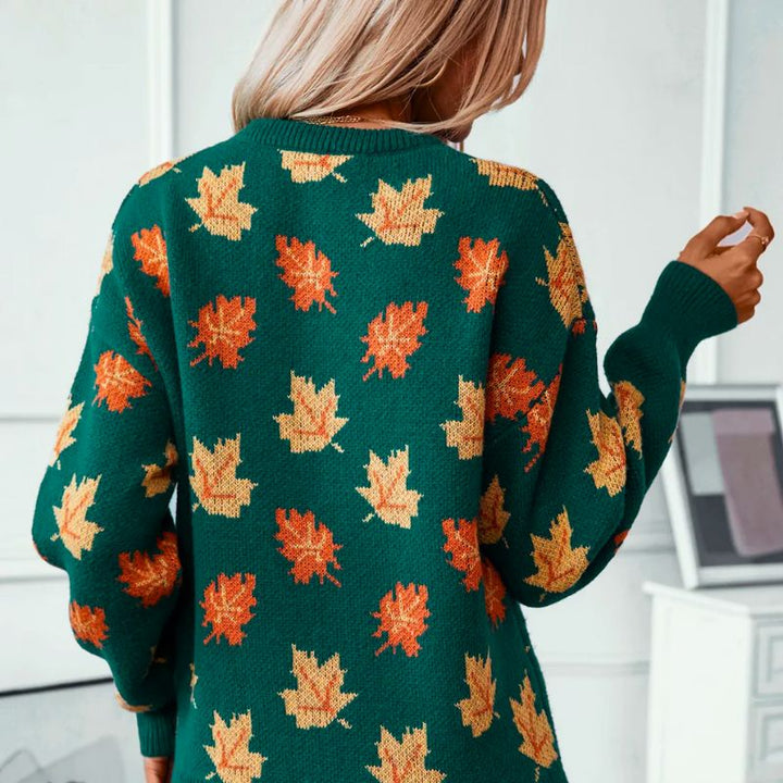 Rowena | Women's Crew Neck Jumper Leaf Print Knitted Long Sleeve