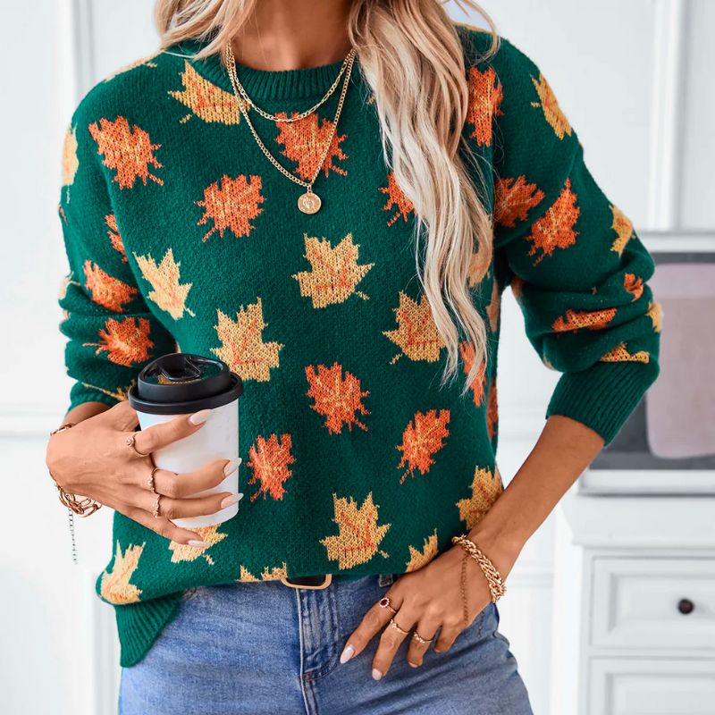 Rowena | Women's Crew Neck Jumper Leaf Print Knitted Long Sleeve