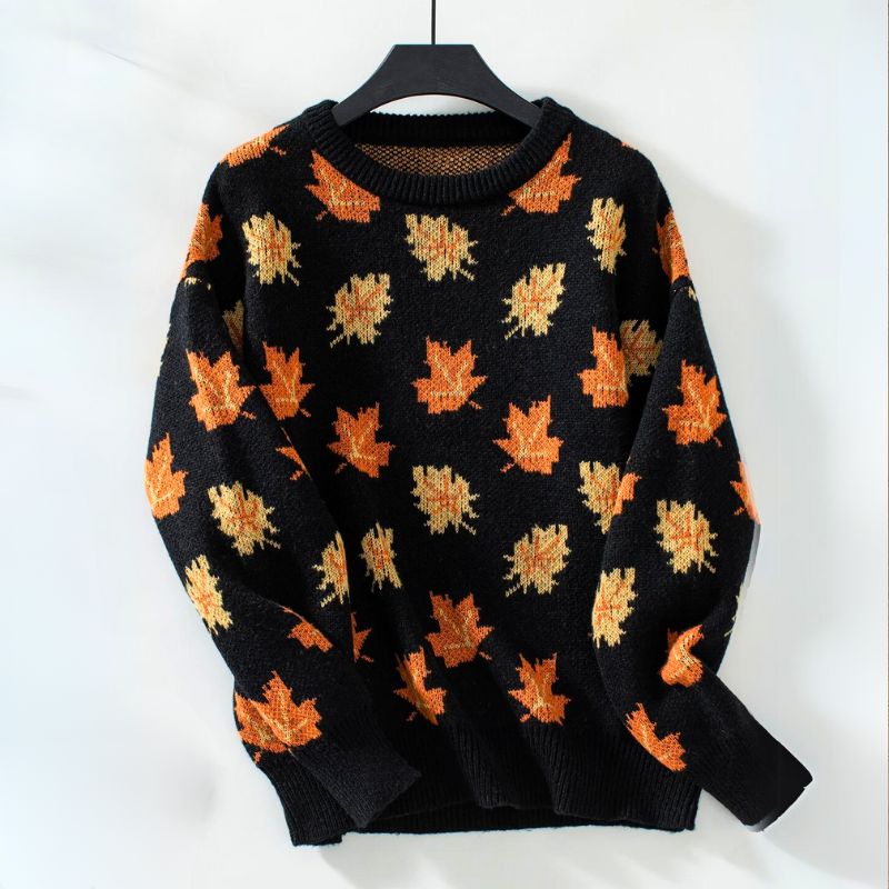 Rowena | Women's Crew Neck Jumper Leaf Print Knitted Long Sleeve