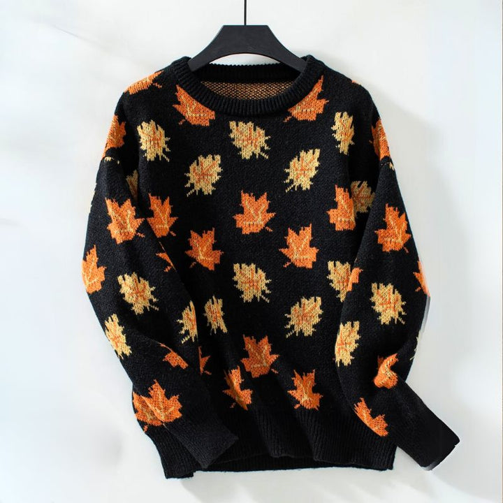 Rowena | Women's Crew Neck Jumper Leaf Print Knitted Long Sleeve