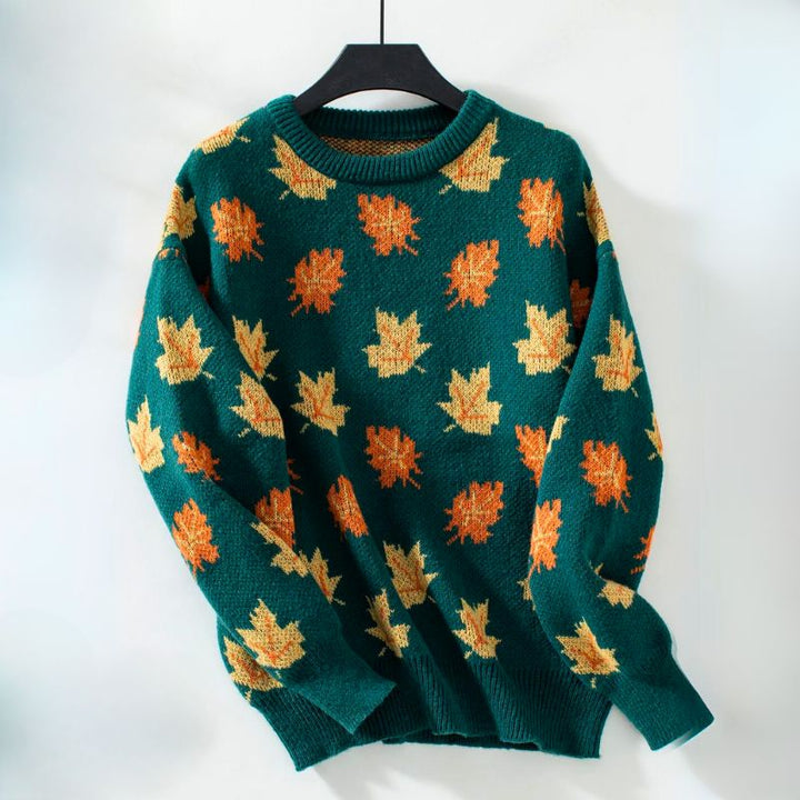 Rowena | Women's Crew Neck Jumper Leaf Print Knitted Long Sleeve