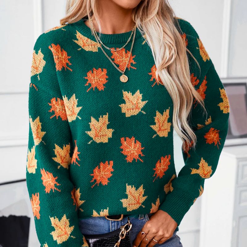 Rowena | Women's Crew Neck Jumper Leaf Print Knitted Long Sleeve