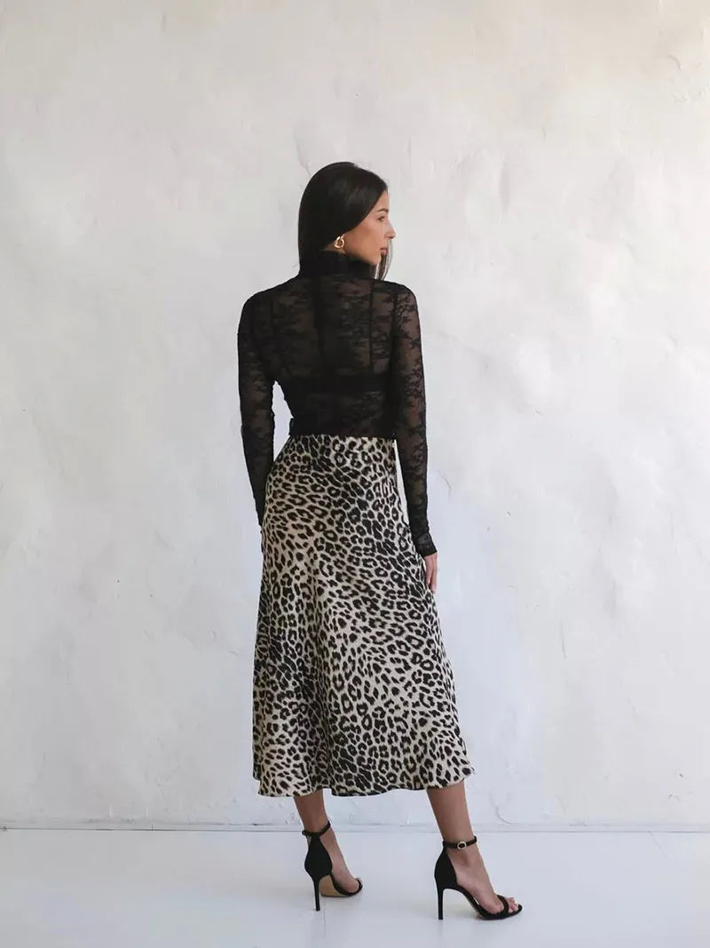 Virelle Leopard Satin Midi Skirt