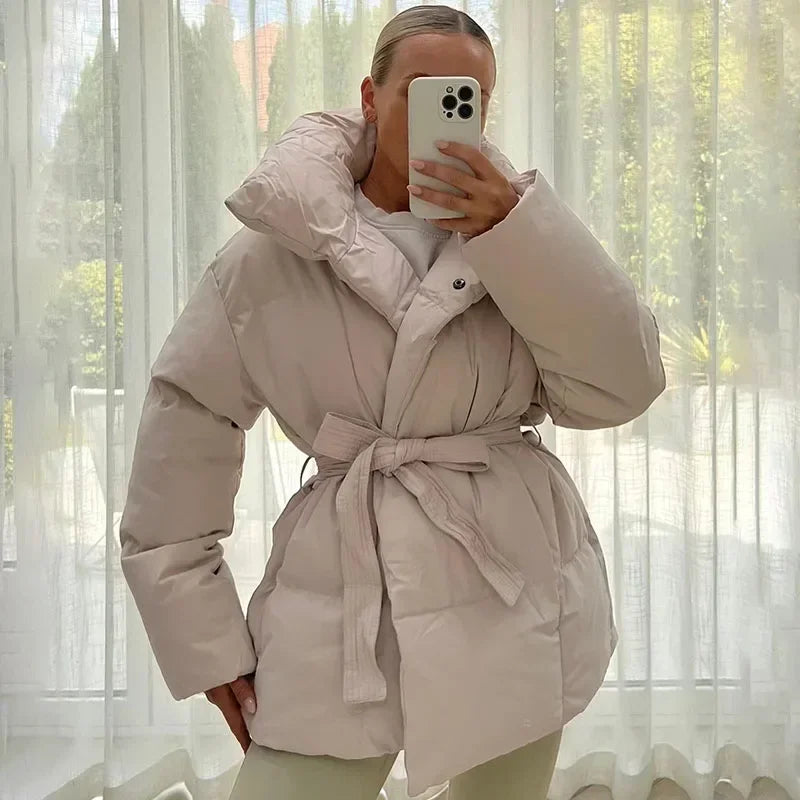 Women’s Belted Puffer Jacket – Oversized Collar Winter Layer for Cold Weather