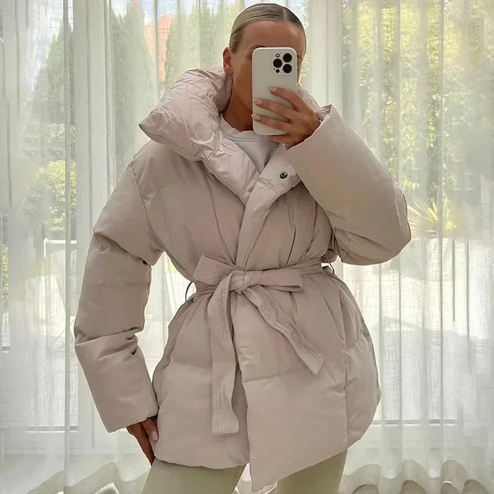 Women’s Belted Puffer Jacket – Oversized Collar Winter Layer for Cold Weather