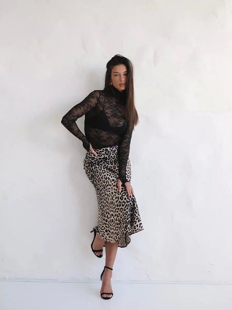 Virelle Leopard Satin Midi Skirt
