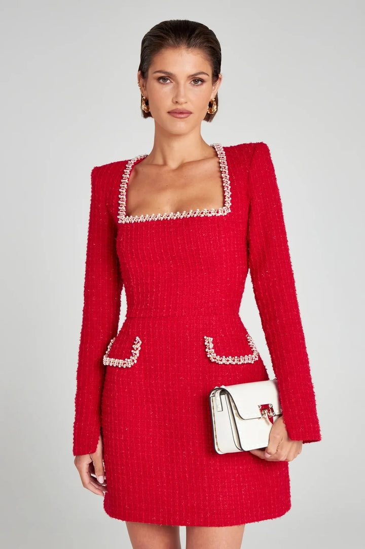 Monaco Lacceti Women's Tweed Pearl Trim Blazer Mini Dress