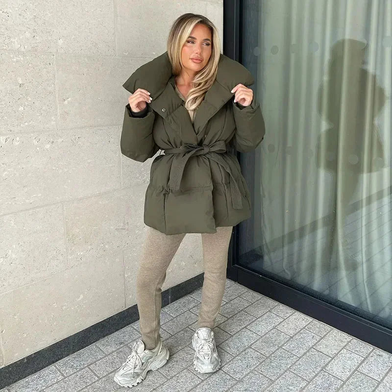 Women’s Belted Puffer Jacket – Oversized Collar Winter Layer for Cold Weather