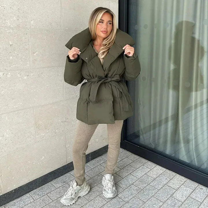 Women’s Belted Puffer Jacket – Oversized Collar Winter Layer for Cold Weather