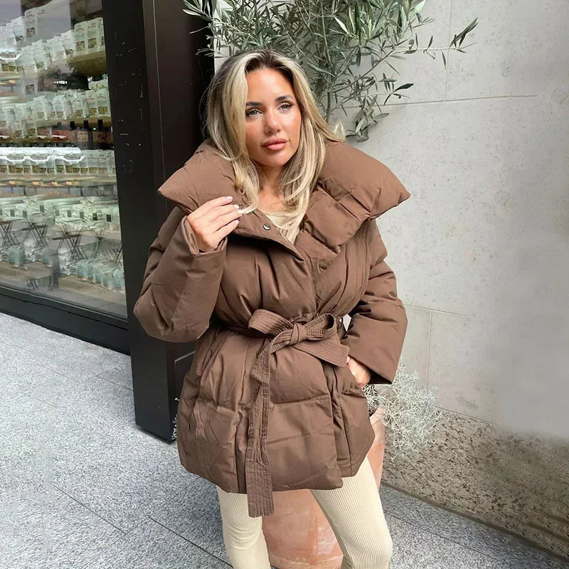 Women’s Belted Puffer Jacket – Oversized Collar Winter Layer for Cold Weather