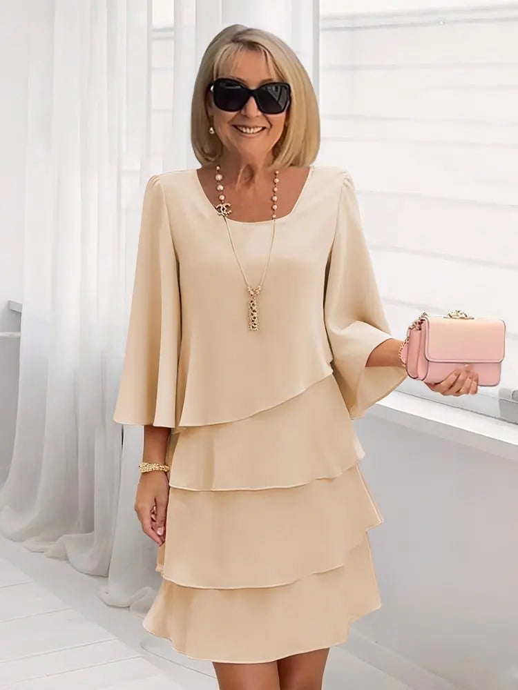 Catherine | Women's Ruffle A-Line Dress Round Neck Split Sleeves