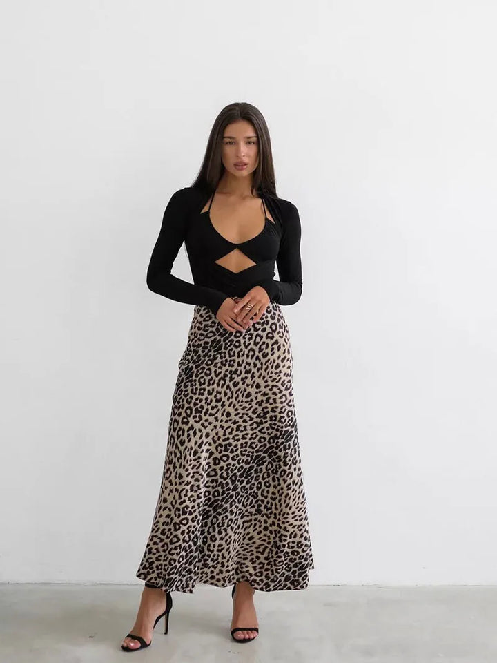 Virelle Leopard Satin Midi Skirt