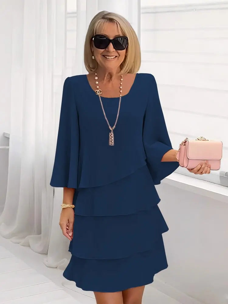 Catherine | Women's Ruffle A-Line Dress Round Neck Split Sleeves