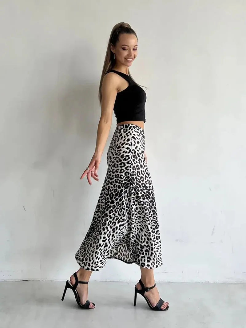 Virelle Leopard Satin Midi Skirt