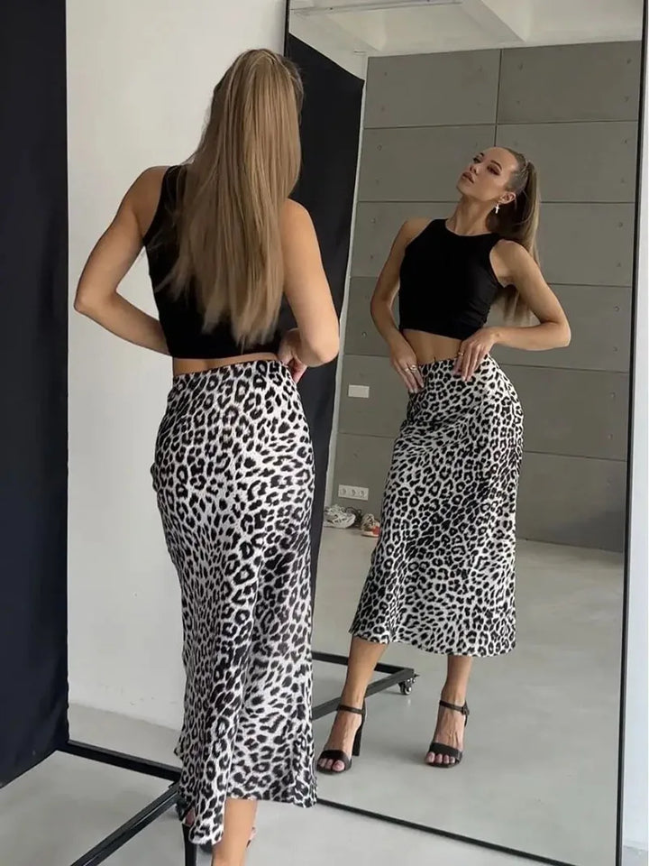 Virelle Leopard Satin Midi Skirt