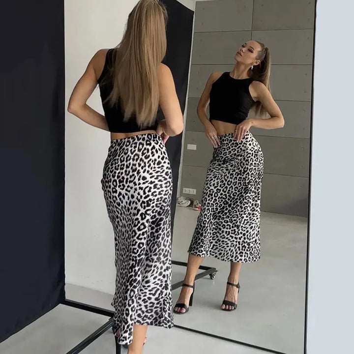 Virelle Leopard Satin Midi Skirt