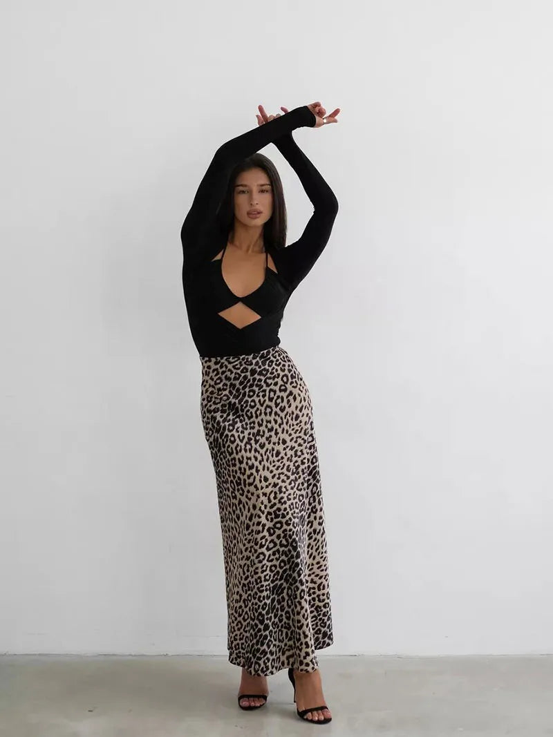Virelle Leopard Satin Midi Skirt