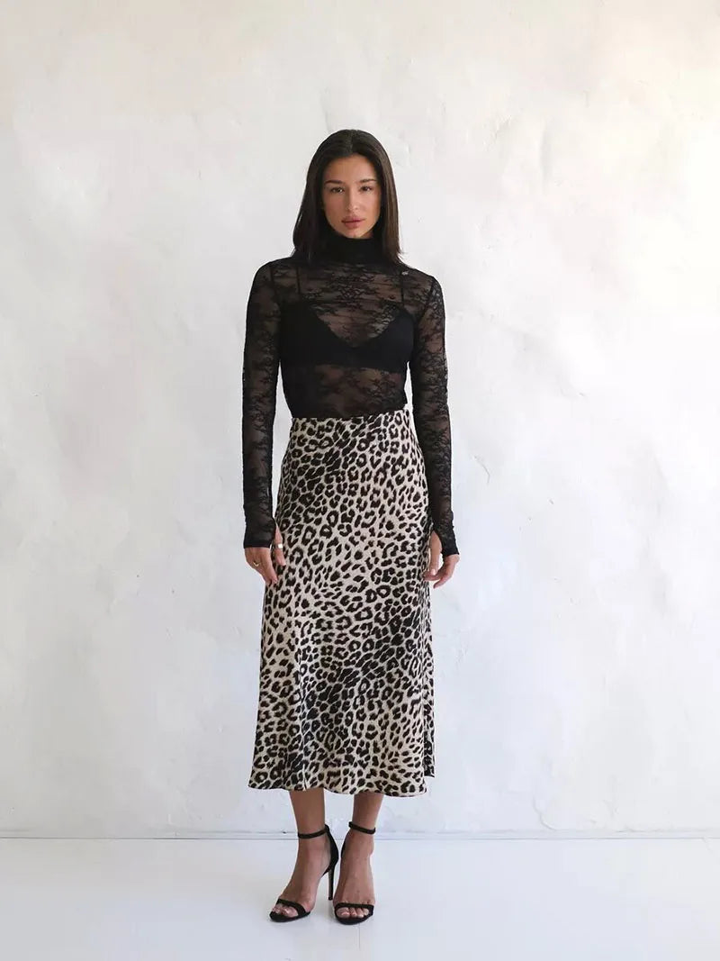 Virelle Leopard Satin Midi Skirt
