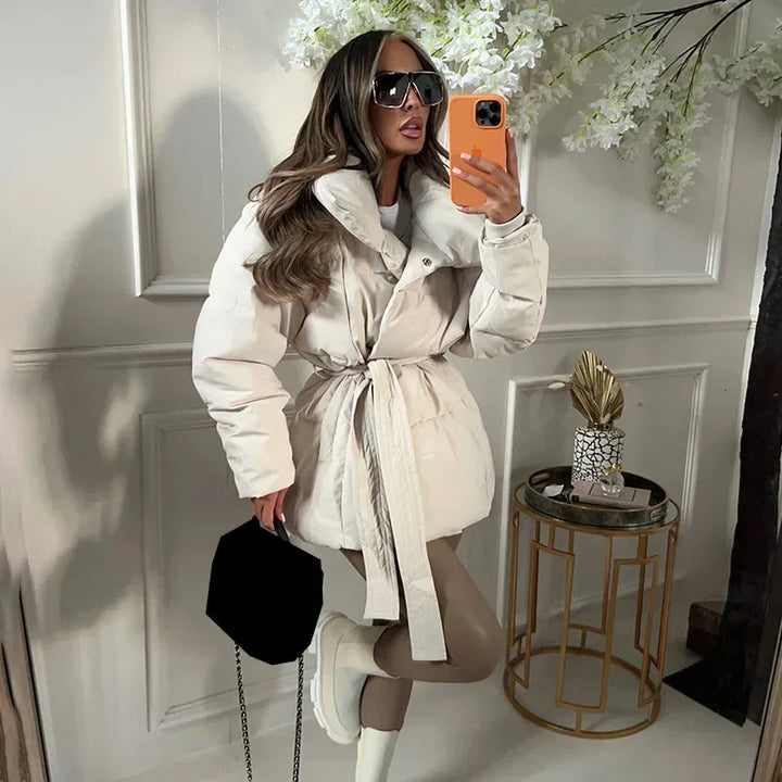 Women’s Belted Puffer Jacket – Oversized Collar Winter Layer for Cold Weather