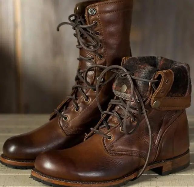Harper | Women's Lace-Up Calf Boots Fleece Collar Low Heel
