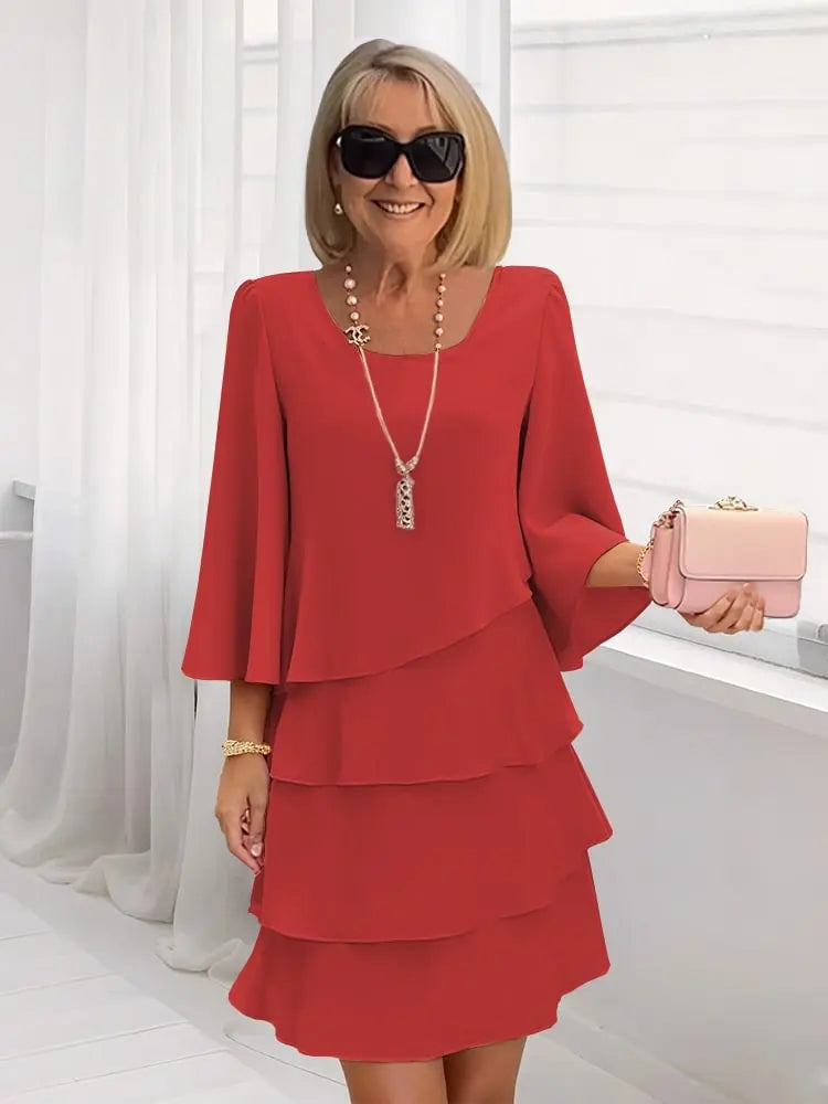Catherine | Women's Ruffle A-Line Dress Round Neck Split Sleeves