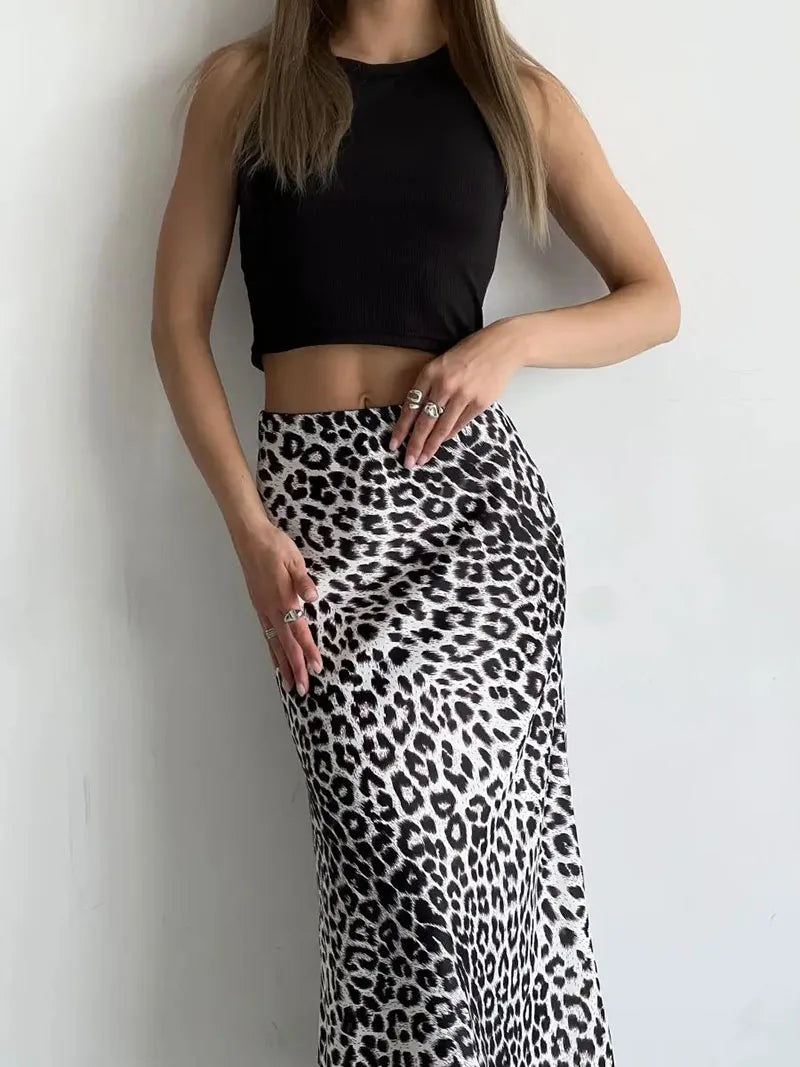 Virelle Leopard Satin Midi Skirt
