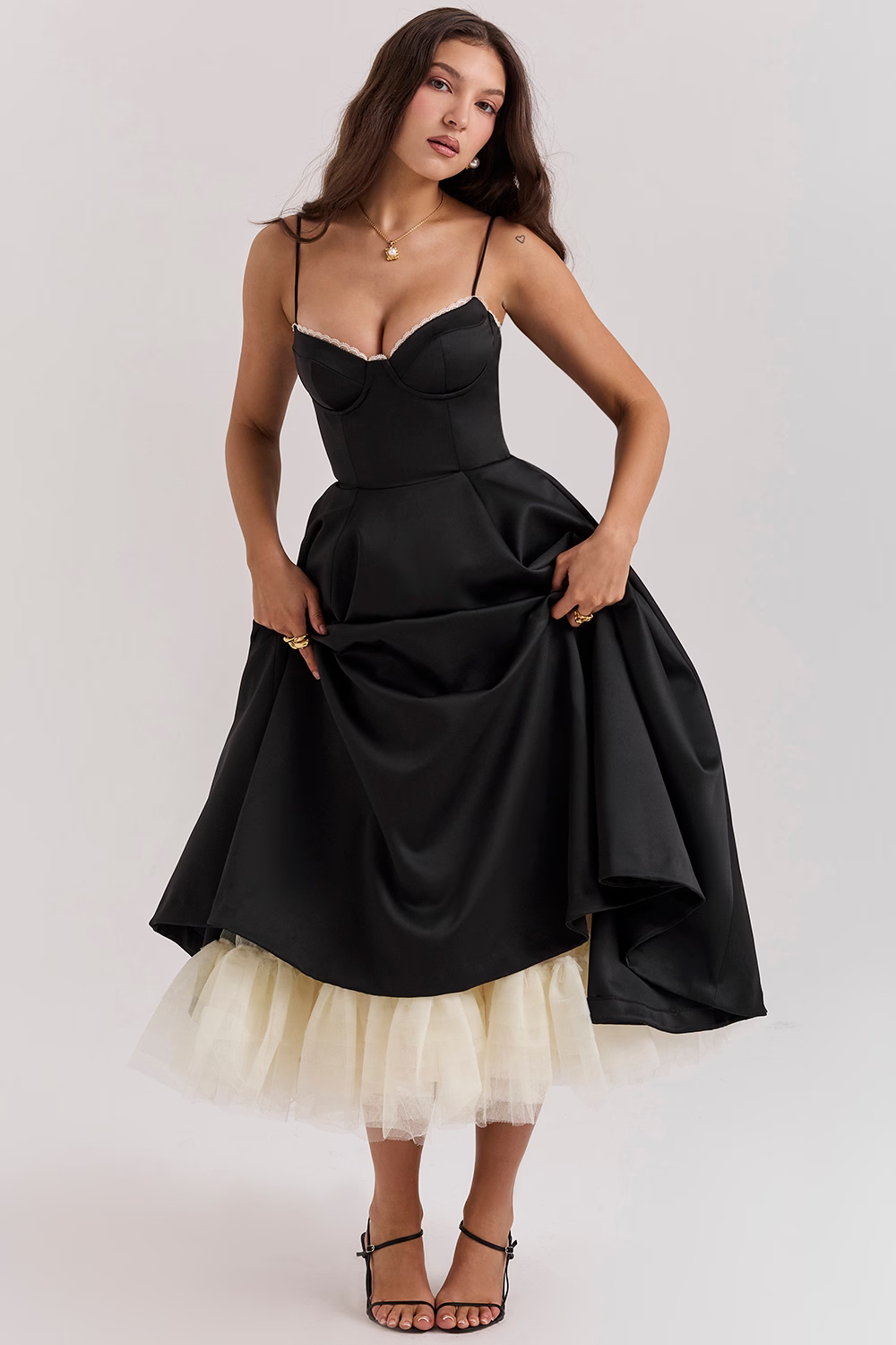 Lyla | Women's Satin Midi Party Dress Tulle Skirt Underwire Bodice