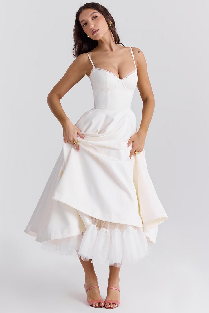 Lyla | Women's Satin Midi Party Dress Tulle Skirt Underwire Bodice