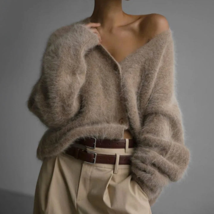 Millie | Women's Oversized V-Neck Cardigan Button-Front Fluffy Knit