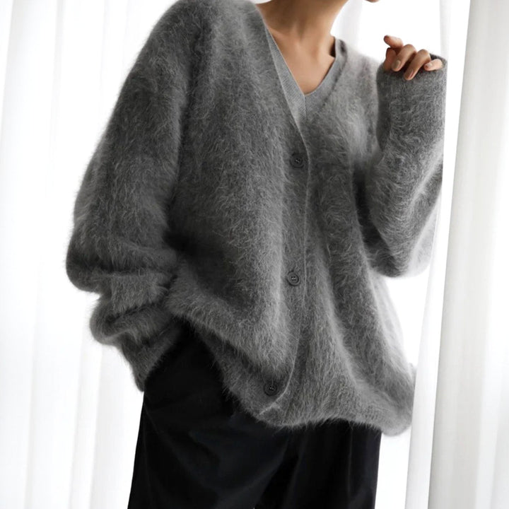 Millie | Women's Oversized V-Neck Cardigan Button-Front Fluffy Knit