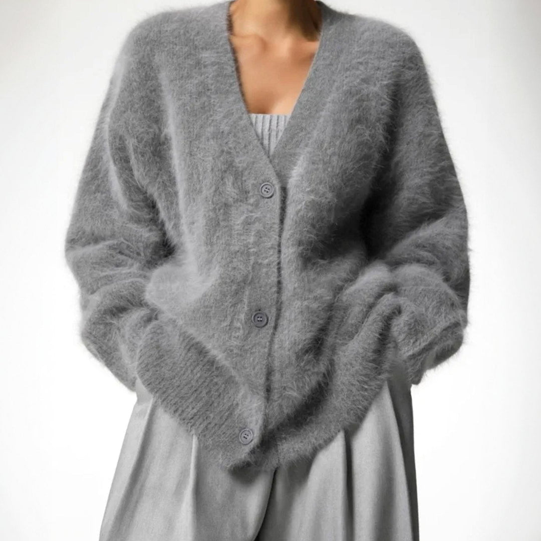 Millie | Women's Oversized V-Neck Cardigan Button-Front Fluffy Knit