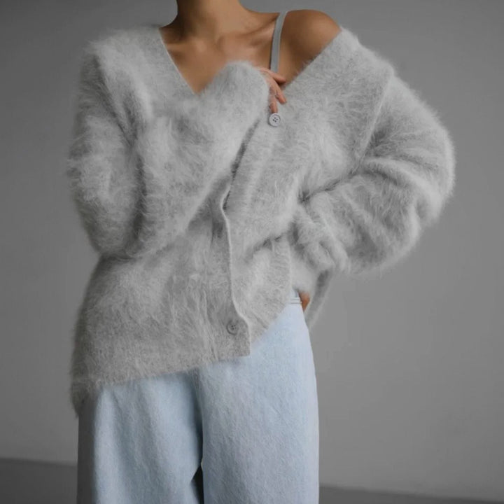 Millie | Women's Oversized V-Neck Cardigan Button-Front Fluffy Knit