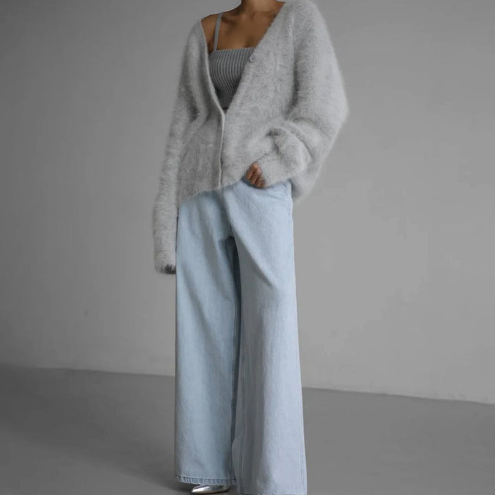Millie | Women's Oversized V-Neck Cardigan Button-Front Fluffy Knit