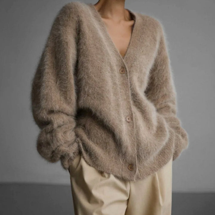 Millie | Women's Oversized V-Neck Cardigan Button-Front Fluffy Knit