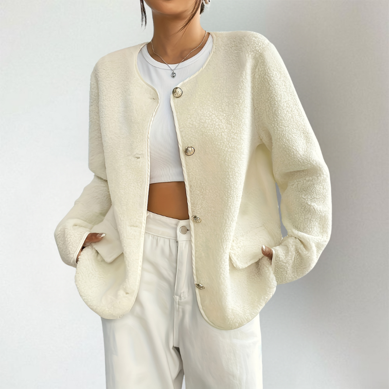Philippa | Women's Teddy Fleece Cardigan Crew Neck Button Up