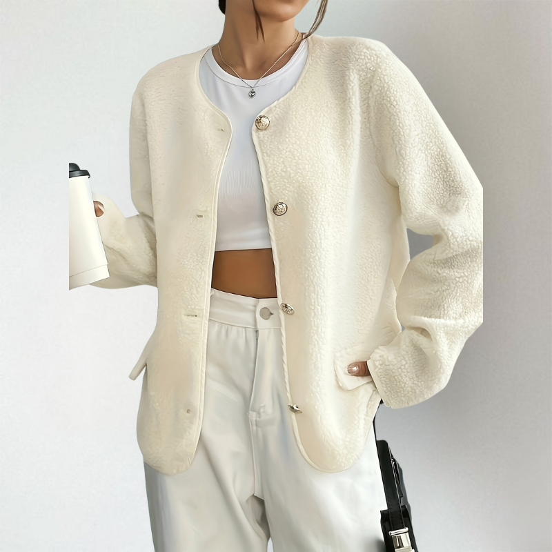 Philippa | Women's Teddy Fleece Cardigan Crew Neck Button Up