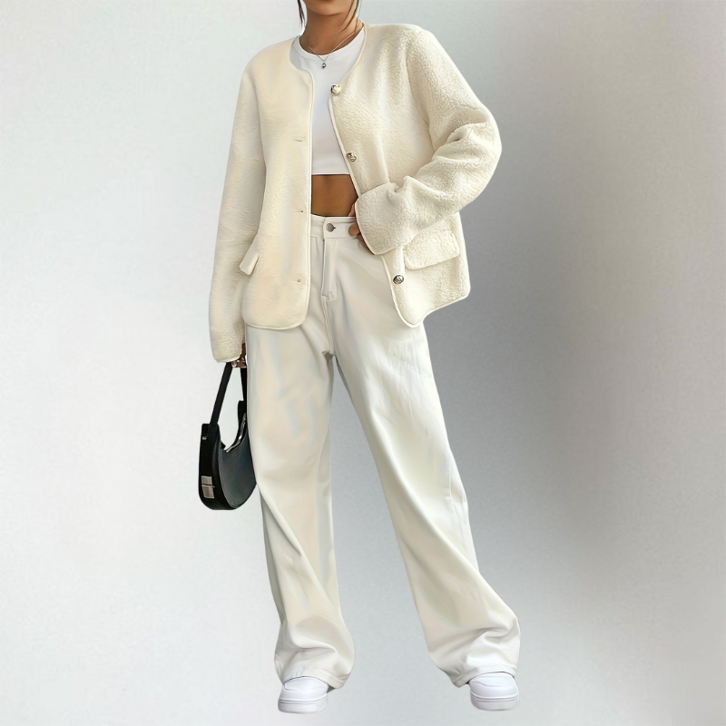 Philippa | Women's Teddy Fleece Cardigan Crew Neck Button Up
