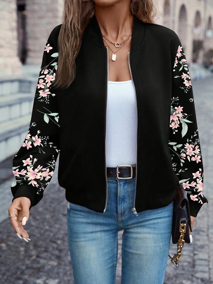 Elowen | Sporty Bomber Jacket with Floral Print Sleeves and Zip Closure