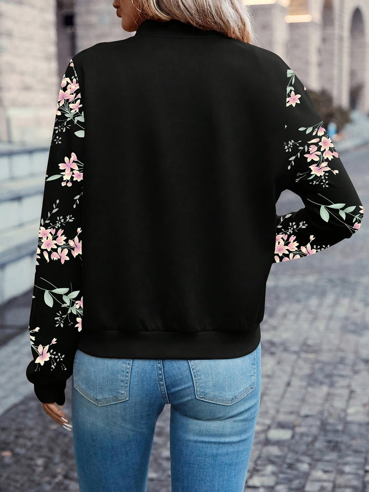 Elowen | Sporty Bomber Jacket with Floral Print Sleeves and Zip Closure