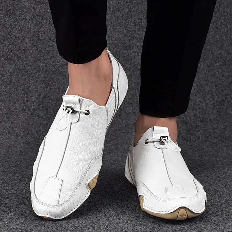 Men's Leather Loafers with Drawcord and Mesh Panels