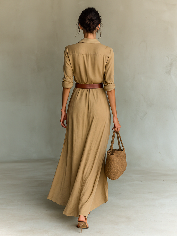 Mia | Women's Maxi Shirt Dress Belted Waist Rolled Sleeves