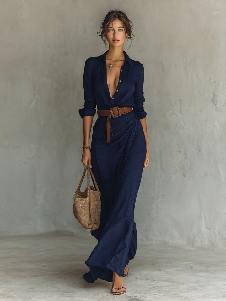Mia | Women's Maxi Shirt Dress Belted Waist Rolled Sleeves